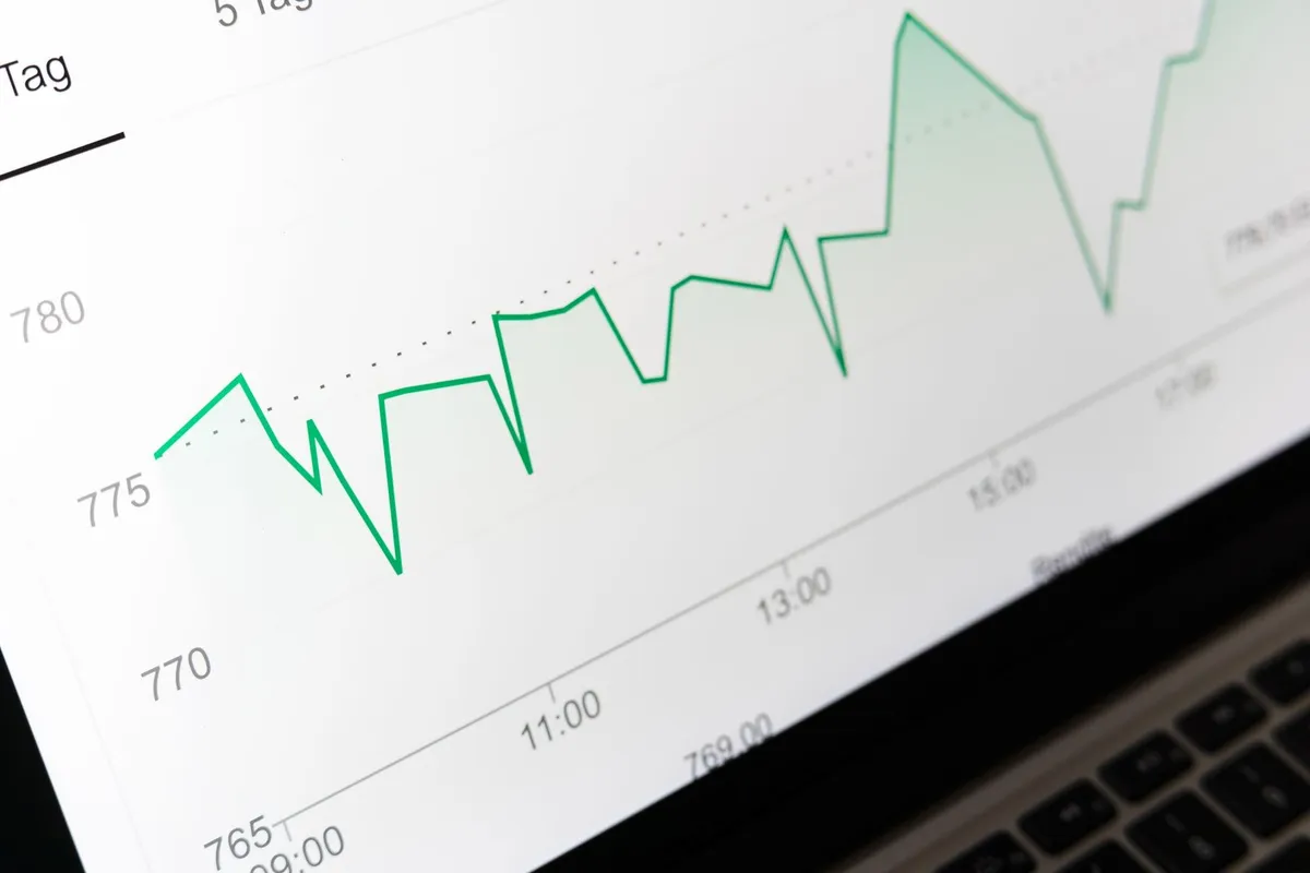 Close-up of a financial graph on a computer screen illustrating data trends related to digital marketing.