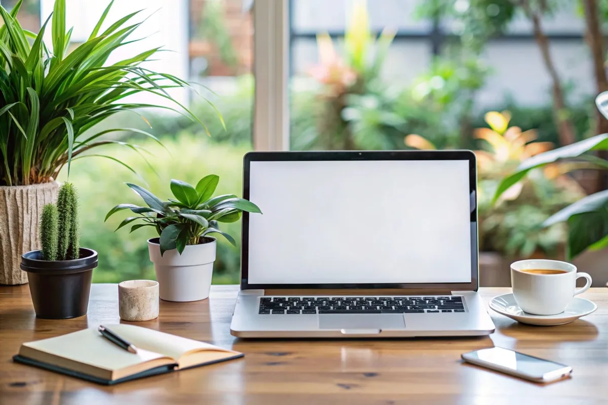 A laptop, notebook, coffee cup, and plants on a desk, symbolizing a workspace for digital marketing decisions.
