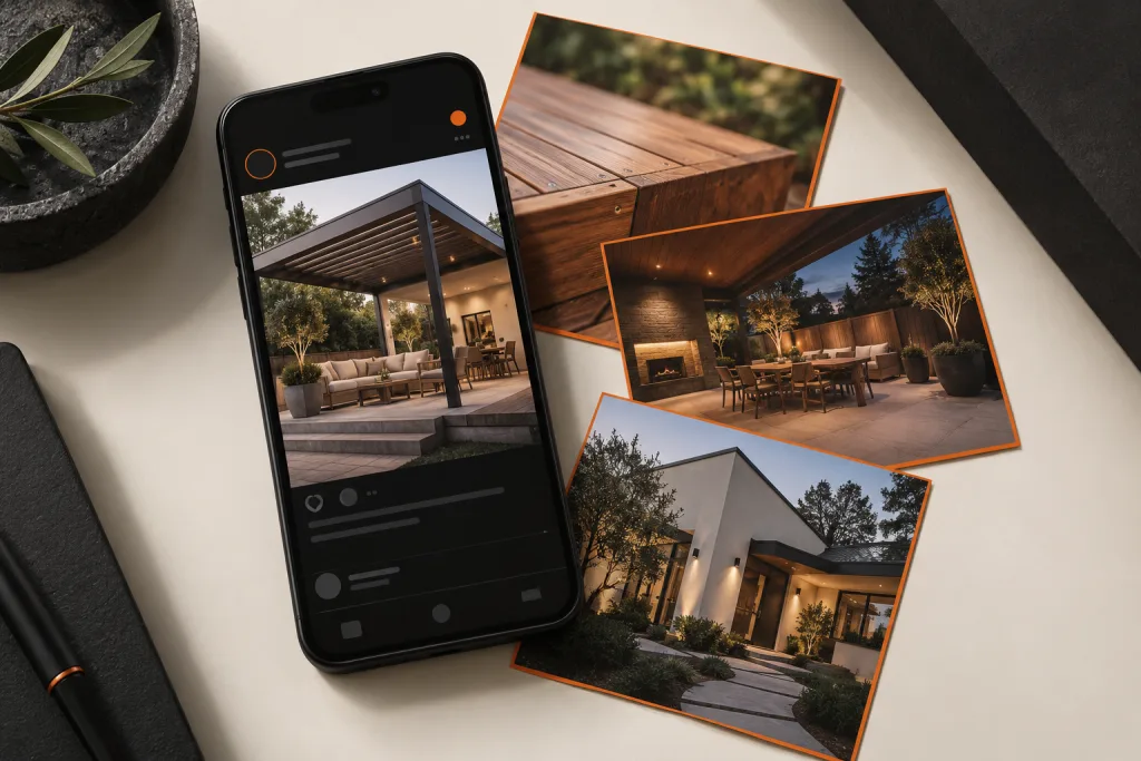 Phone showing a pergola patio post beside printed photos of an outdoor fireplace, wood detail, and a modern home at dusk