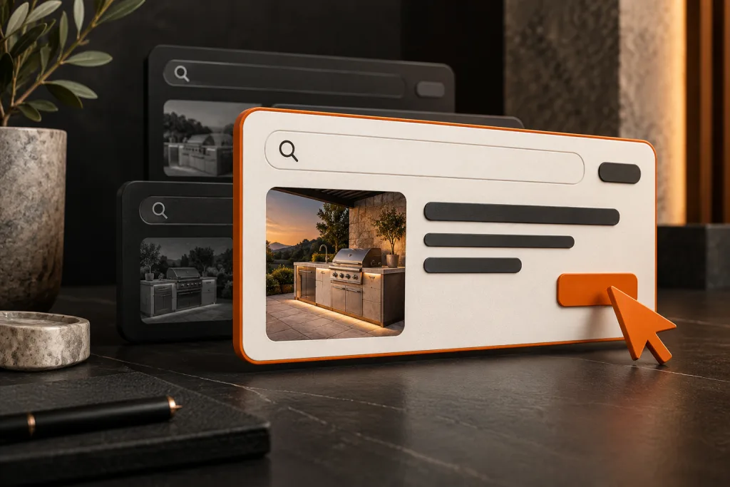 Stacked search result cards with the top one highlighted in orange showing an outdoor kitchen, and a cursor clicking its button