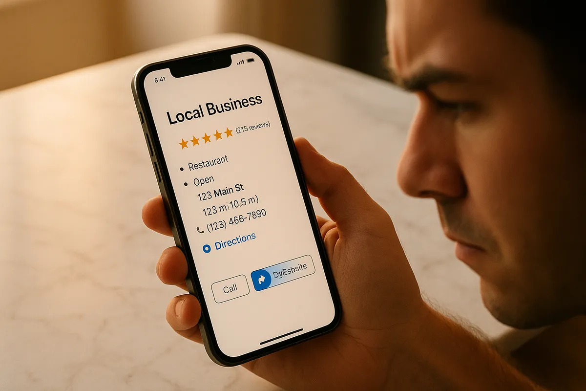 A person holds a smartphone showing a local business listing, deep in thought at a marble table.
