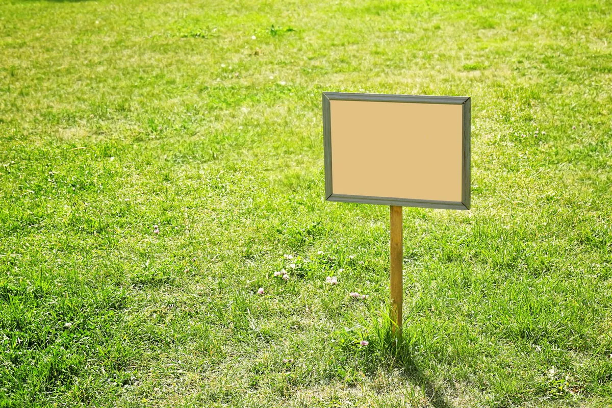 A blank board placed on a green lawn in a park, symbolizing the potential for local SEO strategies.